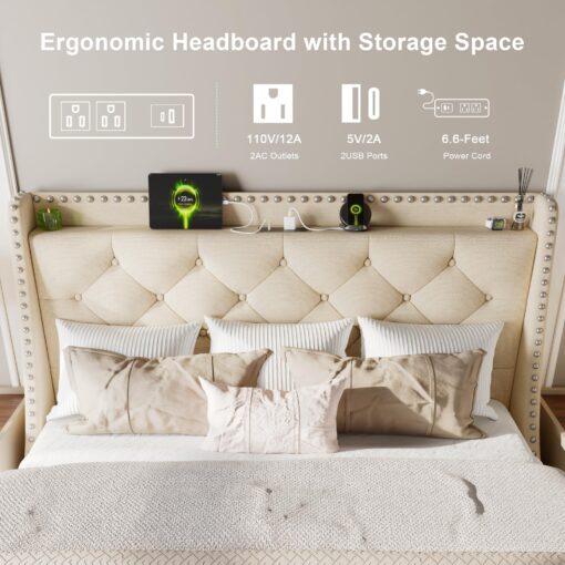 Feonase Full Size Bed Frame with Luxury Wingback and Fast Charging Station,Full Upholstered Button Tufted Storage Headboard Platform Bed, Sturdy Wooden Slats Support, Noise-Free, Easy Assembly, Beige - Image 6
