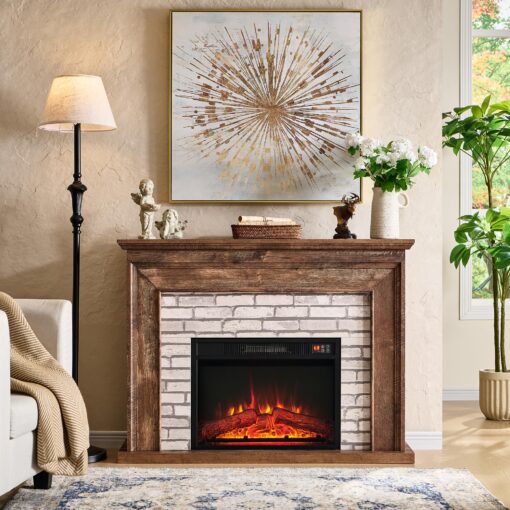 Aitjunz 45" Flip Top Electric Fireplace with Mantel, Electric Fireplace Heater, TV Stand with Freestanding Electric Fireplaces, Remote Control, Adjustable Flame Level for Living Room (Light Brown) - Image 3