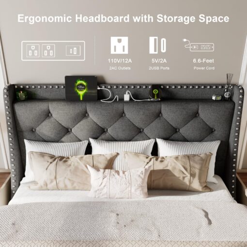Feonase Full Size Bed Frame with Luxury Wingback and Fast Charging Station,Full Upholstered Button Tufted Storage Headboard Platform Bed,Sturdy Wooden Slats Support,Noise-Free, Easy Assembly,Dark Gray - Image 6