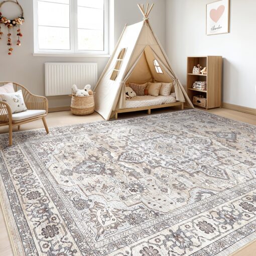 9x12 Area Rug Living Room: Washable Boho Large Neutral Vintage Soft Rugs Stain Resistant Farmhouse Non Slip Indoor Floor Carpet for Bedroom Nursery Kids Playroom Office Dining Room Home- Ivory Gray - Image 6