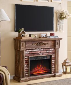43" Electric Fireplace with Mantel, Electric Fireplace Heater, TV Stand w/Freestanding Electric Fireplaces, Stacked Stone Surround, Remote Control, Adjustable Flame Level for Living Room (Light Brown)
