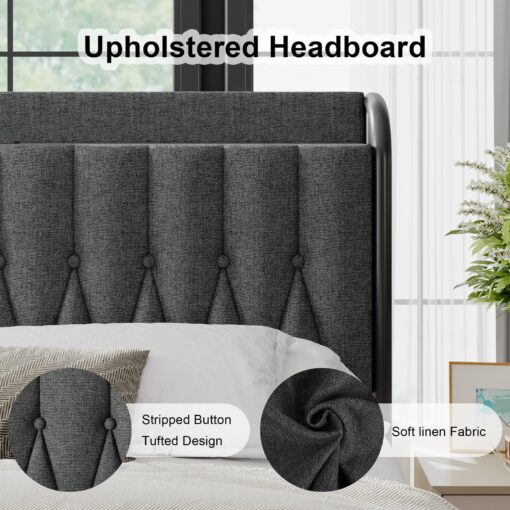 Feonase Full Bed Frame with Type-C & USB Port, Metal Platform Beds, with Linen Upholstered Headboard & Footboard, 12" Underbed Storage Space, Easy Assembly, Noise-Free, Dark Gray - Image 5