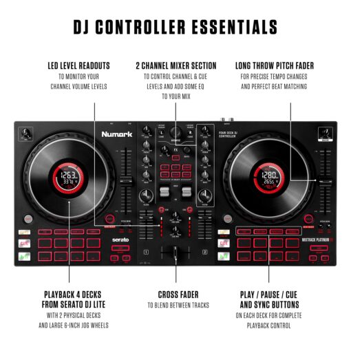 Numark Mixtrack Platinum FX - DJ Controller For Serato DJ with 4 Deck Control, DJ Mixer, Built-in Audio Interface, Jog Wheel Displays and FX Paddles - Image 8