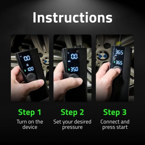 Airmoto Tire Inflator Portable Air Compressor - 3pack - Air Pump for Car Tires with Digital Pressure Gauge, LED Light and Auto Shut-Off Function - Cordless Pump for Car, Motorcycle, Bicycle, Balls - Image 6