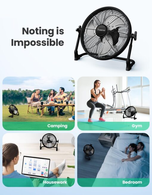 14" Portable Battery Operated Solar Fan, Rechargeable Camping Tent Fan Outdoor, Hi-Velocity Cordless Metal Floor Fan, Hi-Airflow Wireless Industrial Fan, Quiet Fan, 12-60H Runtime, USB Phone Charge - Image 5