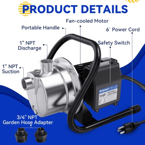 Acquaer 1 HP Portable Shallow Well Pump Garden Pump, Stainless Steel, 998 GPH, 115V Sprinkler Pump Water Transfer Draining Irrigation Pump for Water Removal/Lawn Garden - Image 4