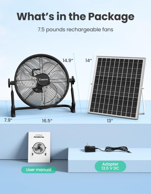 14" Portable Battery Operated Solar Fan, Rechargeable Camping Tent Fan Outdoor, Hi-Velocity Cordless Metal Floor Fan, Hi-Airflow Wireless Industrial Fan, Quiet Fan, 12-60H Runtime, USB Phone Charge - Image 2