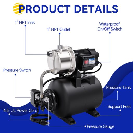 Acquaer 1.6 HP Shallow Well Pump with Pressure Tank, Stainless Steel, 1320 GPH 115V Irrigation Pump, Automatic Water Booster Jet Pump for Home, Garden, Lawn - Image 5