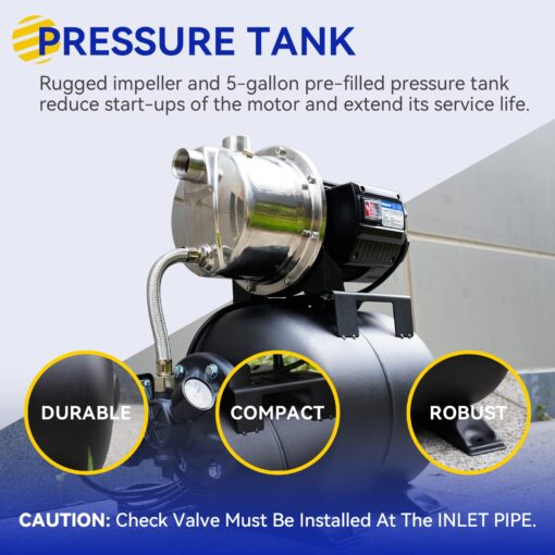 Acquaer 1.6 HP Shallow Well Pump with Pressure Tank, Stainless Steel, 1320 GPH 115V Irrigation Pump, Automatic Water Booster Jet Pump for Home, Garden, Lawn - Image 4
