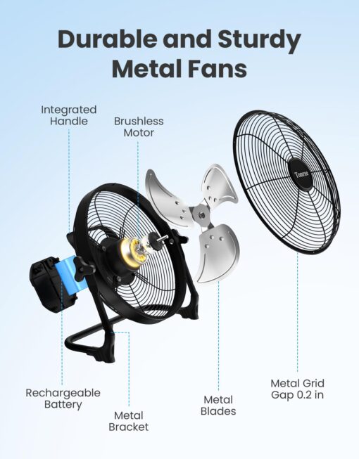 14" Portable Battery Operated Solar Fan, Rechargeable Camping Tent Fan Outdoor, Hi-Velocity Cordless Metal Floor Fan, Hi-Airflow Wireless Industrial Fan, Quiet Fan, 12-60H Runtime, USB Phone Charge - Image 4