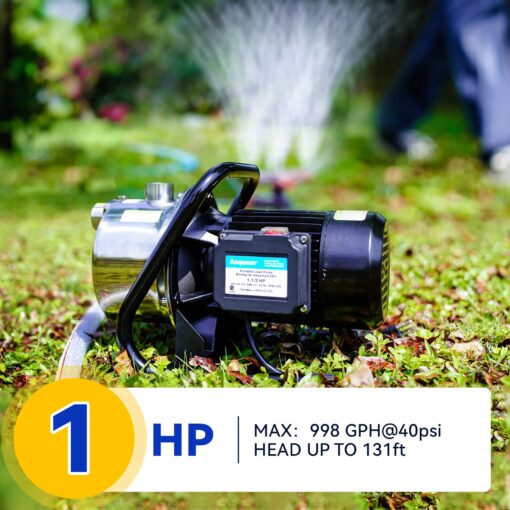 Acquaer 1 HP Portable Shallow Well Pump Garden Pump, Stainless Steel, 998 GPH, 115V Sprinkler Pump Water Transfer Draining Irrigation Pump for Water Removal/Lawn Garden - Image 7