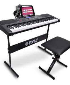 PYLE 61 Key Electric Keyboard Piano, Music Keyboard, LCD Display, Portable Design, Karaoke Function, Includes Headphones, Stand, Stool, Book Rack, Perfect for Beginners