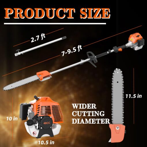 48CC Gas Powered Pole Saws,2-Stroke Gas Pole Saws for Tree Trimming with11.5in Cutting Bar, with Extendable Pole to Height Reachable 16 FT Chainsaw Tree Trimmer - Image 7