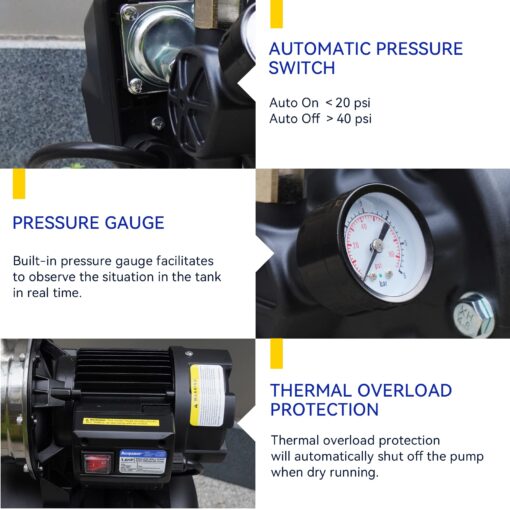 Acquaer 1.6 HP Shallow Well Pump with Pressure Tank, Stainless Steel, 1320 GPH 115V Irrigation Pump, Automatic Water Booster Jet Pump for Home, Garden, Lawn - Image 3