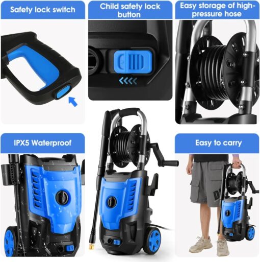 4800 PSI Electric Pressure Washer- 4.0 GPM High Power Washer with 33FT Hose Reel, 4 Spray Tips and Soap Bottle for Car Washing, Fence Cleaning, Patio Maintenance（Upgraded） (Blue) - Image 4