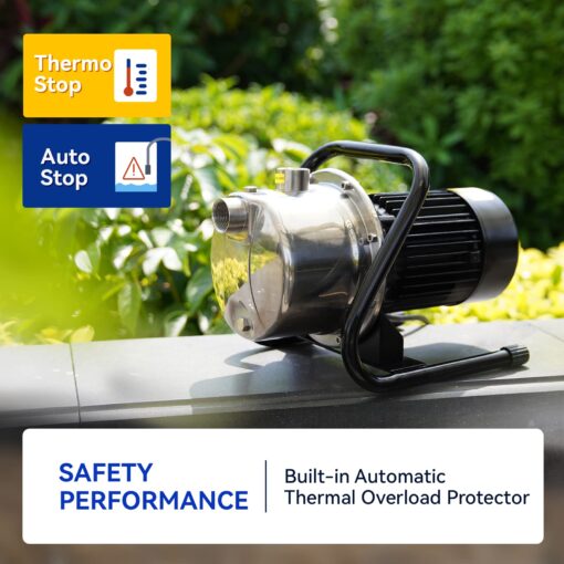 Acquaer 1 HP Portable Shallow Well Pump Garden Pump, Stainless Steel, 998 GPH, 115V Sprinkler Pump Water Transfer Draining Irrigation Pump for Water Removal/Lawn Garden - Image 5