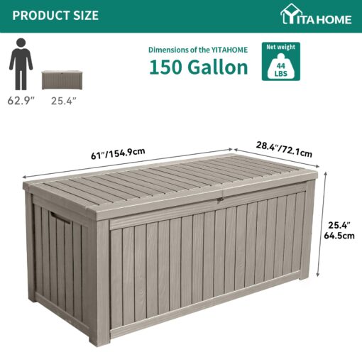 YITAHOME 150 Gallon Large Deck Box w/Divider, XL Waterproof Outdoor Storage for Patio Furniture,Outdoor Cushions, Garden Tools, Sports Equipment and Pool Supplies, Resin, Lockable, Taupe - Image 2
