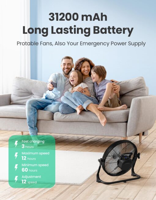 14" Portable Battery Operated Solar Fan, Rechargeable Camping Tent Fan Outdoor, Hi-Velocity Cordless Metal Floor Fan, Hi-Airflow Wireless Industrial Fan, Quiet Fan, 12-60H Runtime, USB Phone Charge - Image 7
