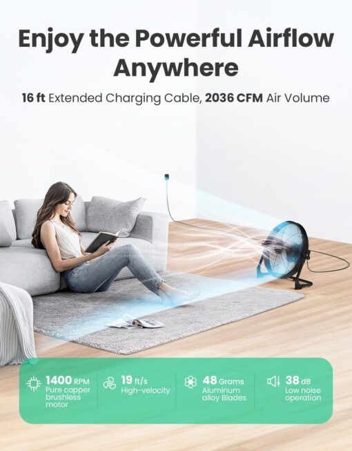 14" Portable Battery Operated Solar Fan, Rechargeable Camping Tent Fan Outdoor, Hi-Velocity Cordless Metal Floor Fan, Hi-Airflow Wireless Industrial Fan, Quiet Fan, 12-60H Runtime, USB Phone Charge - Image 6