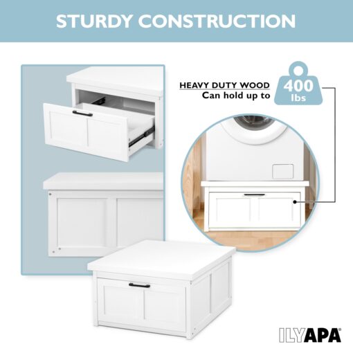 Ilyapa Washer and Dryer Stand - Universal Wooden Laundry Pedestal Washing Machine Stand Base with Drawer - Compatible with Samsung, LG, GE, Maytag - 28x28x16 in. - Patent Pending - Image 5