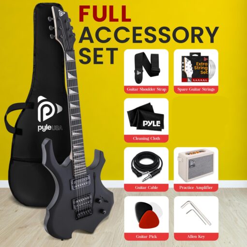 Pyle Heavy Metal EG Fire Electric Guitar Axe w/ Amplifier Kit, Full Size Instrument w/ Practice Amp & Accessories, Black Matte - Image 3