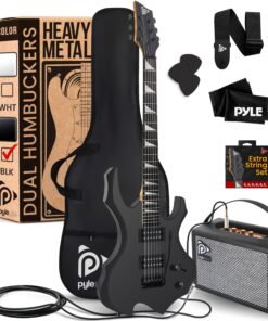 Pyle Heavy Metal EG Fire Electric Guitar Axe w/ Amplifier Kit, Full Size Instrument w/ Practice Amp & Accessories, Black Matte