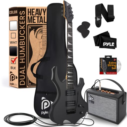 Pyle Heavy Metal EG Fire Electric Guitar Axe w/ Amplifier Kit, Full Size Instrument w/ Practice Amp & Accessories, Black Matte