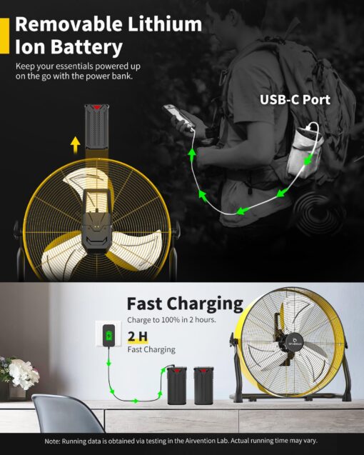 Airvention 15600mAh Rechargeable Battery Operated Floor Fan, 16 inch Yellow Industrial High Velocity Drum Fan, Shop Fan for Camping Gym Garage Outdoor Indoor, AI-F601Y - Image 6
