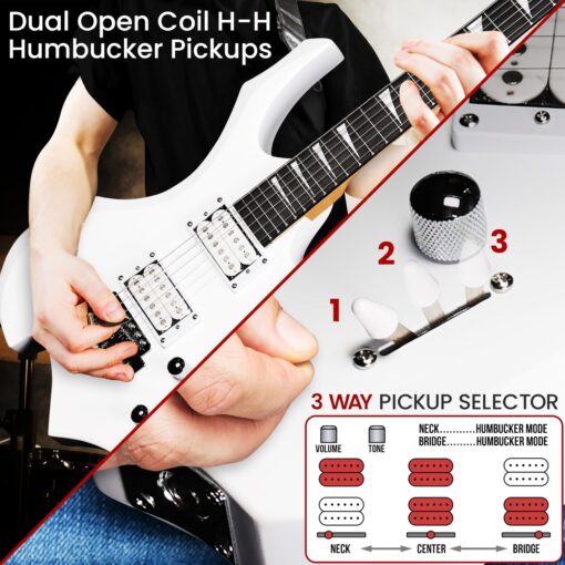 Pyle Heavy Metal EG Fire Electric Guitar Axe w/ Amplifier Kit, Full Size Instrument w/ Practice Amp & Accessories, White Matte - Image 4