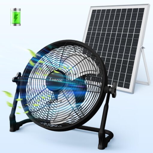 14" Portable Battery Operated Solar Fan, Rechargeable Camping Tent Fan Outdoor, Hi-Velocity Cordless Metal Floor Fan, Hi-Airflow Wireless Industrial Fan, Quiet Fan, 12-60H Runtime, USB Phone Charge