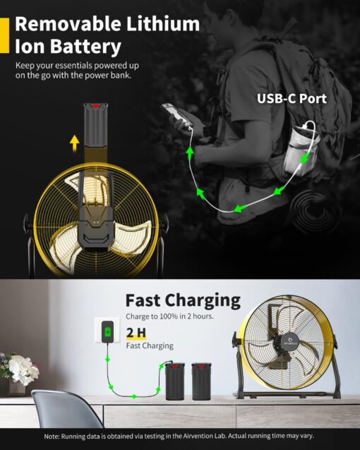 Airvention 15600mAh Rechargeable Battery Operated Drum Fan, 12 inch Yellow Industrial High Velocity Floor Fan, Shop Fan for Camping Gym Garage Outdoor Indoor, AI-F600Y - Image 6