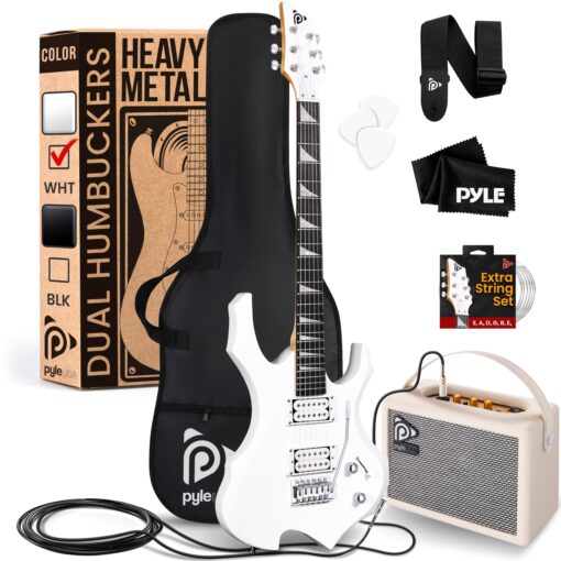 Pyle Heavy Metal EG Fire Electric Guitar Axe w/ Amplifier Kit, Full Size Instrument w/ Practice Amp & Accessories, White Matte