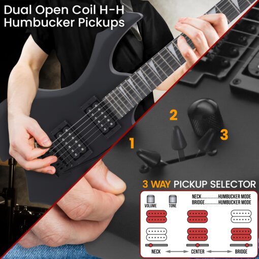 Pyle Heavy Metal EG Fire Electric Guitar Axe w/ Amplifier Kit, Full Size Instrument w/ Practice Amp & Accessories, Black Matte - Image 4