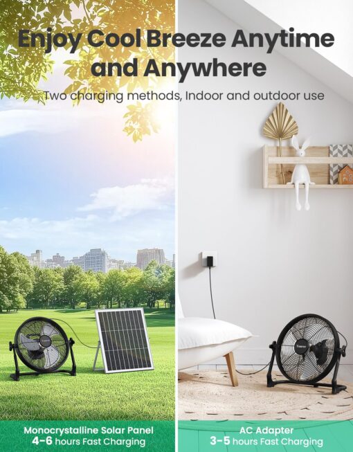 14" Portable Battery Operated Solar Fan, Rechargeable Camping Tent Fan Outdoor, Hi-Velocity Cordless Metal Floor Fan, Hi-Airflow Wireless Industrial Fan, Quiet Fan, 12-60H Runtime, USB Phone Charge - Image 3