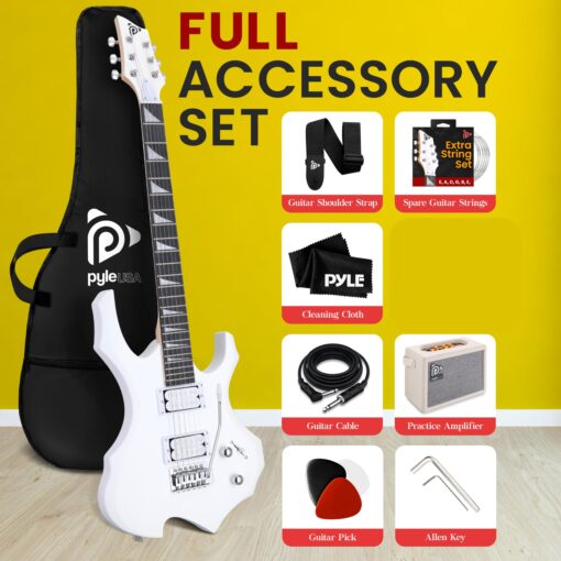 Pyle Heavy Metal EG Fire Electric Guitar Axe w/ Amplifier Kit, Full Size Instrument w/ Practice Amp & Accessories, White Matte - Image 3