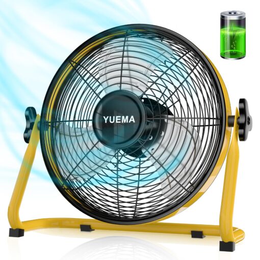 YUEMA Battery Operated Powered 16 Inch Floor Fan High Velocity Rechargeable Fan Cordless Metal Blade Portable Fan for Camping Travel Patio Tent Indoor Outdoor 360 Degree Manual Tilt 12 Speed
