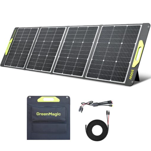 200W Portable Solar Panel, Greenmagic 200W Foldable Solar Panel Lightweight with Kickstands for Home, Camping, Boat, Shed Farm Camping RV Solar Generator, 23% High Efficiency
