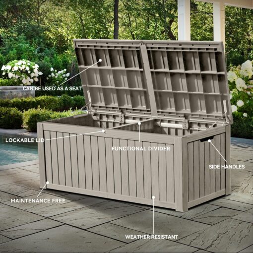 YITAHOME 150 Gallon Large Deck Box w/Divider, XL Waterproof Outdoor Storage for Patio Furniture,Outdoor Cushions, Garden Tools, Sports Equipment and Pool Supplies, Resin, Lockable, Taupe - Image 5