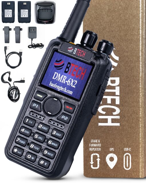 BTECH DMR-6X2 DMR & Analog Dual Band Two-Way Radio (USB-C Battery) – 7W VHF/UHF (136-174MHz & 400-480MHz), Encryption, GPS, Talker Alias, APRS, Voice Recording, includes Accessory Kit with 2 Batteries
