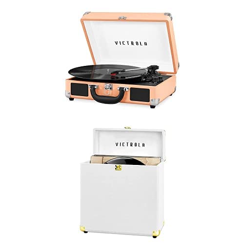 Victrola Vintage 3-Speed Bluetooth Portable Suitcase Record Player with Built-in Speakers | Peach Rose Gold (VSC-550BT- TPG) & Victrola Vintage Vinyl Record Storage and Carrying Case