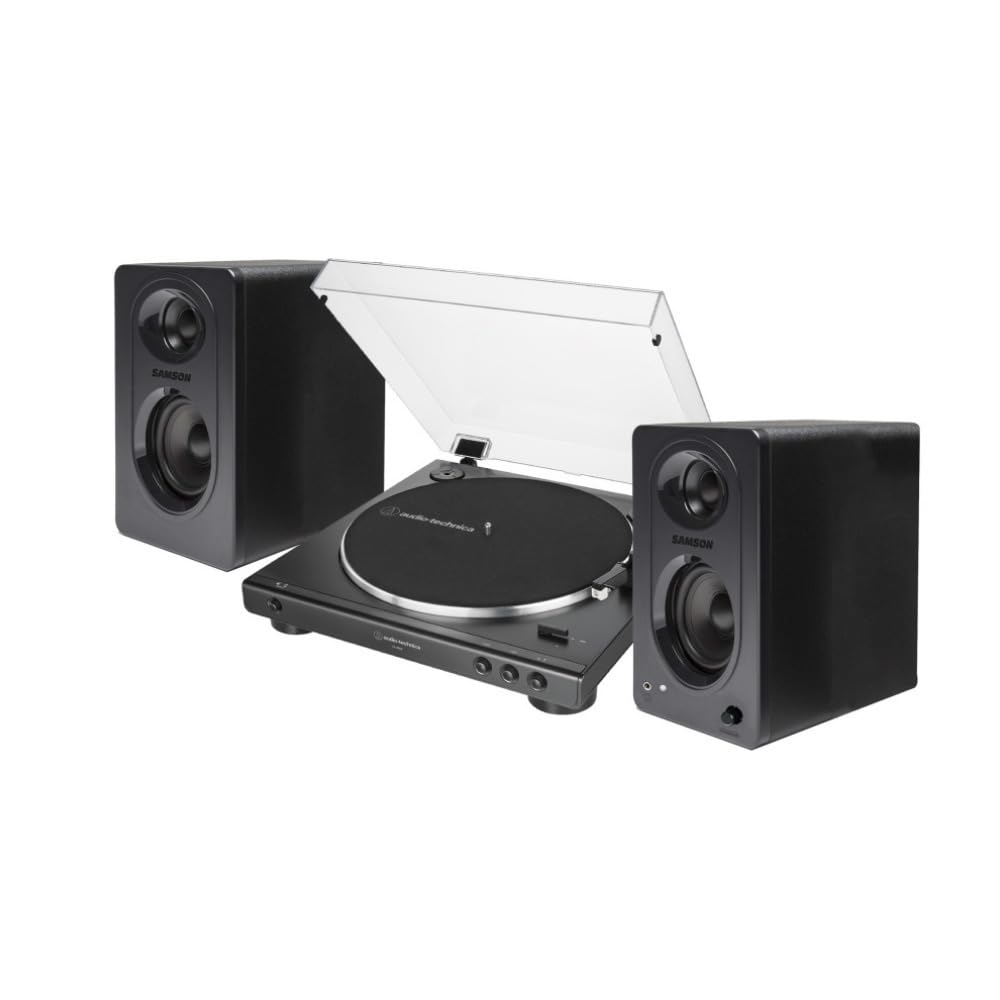 Audio-Technica AT-LP60X Fully Automatic Belt-Drive Stereo Turntable with Built-in Preamp and USB Output - Vinyl Playback Bundle with 3-Inch Powered Studio Monitors Pair (Black) (3 Items)