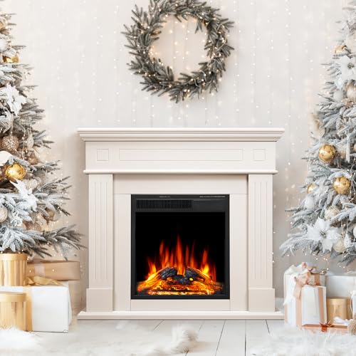 43 Inch Electric Fireplace with Mantel Wooden Surround Firebox TV Stand,FreeStanding Electric Fireplace Heater Entertainment Center,Adjustable Led Flame,750W-1500W,Cream