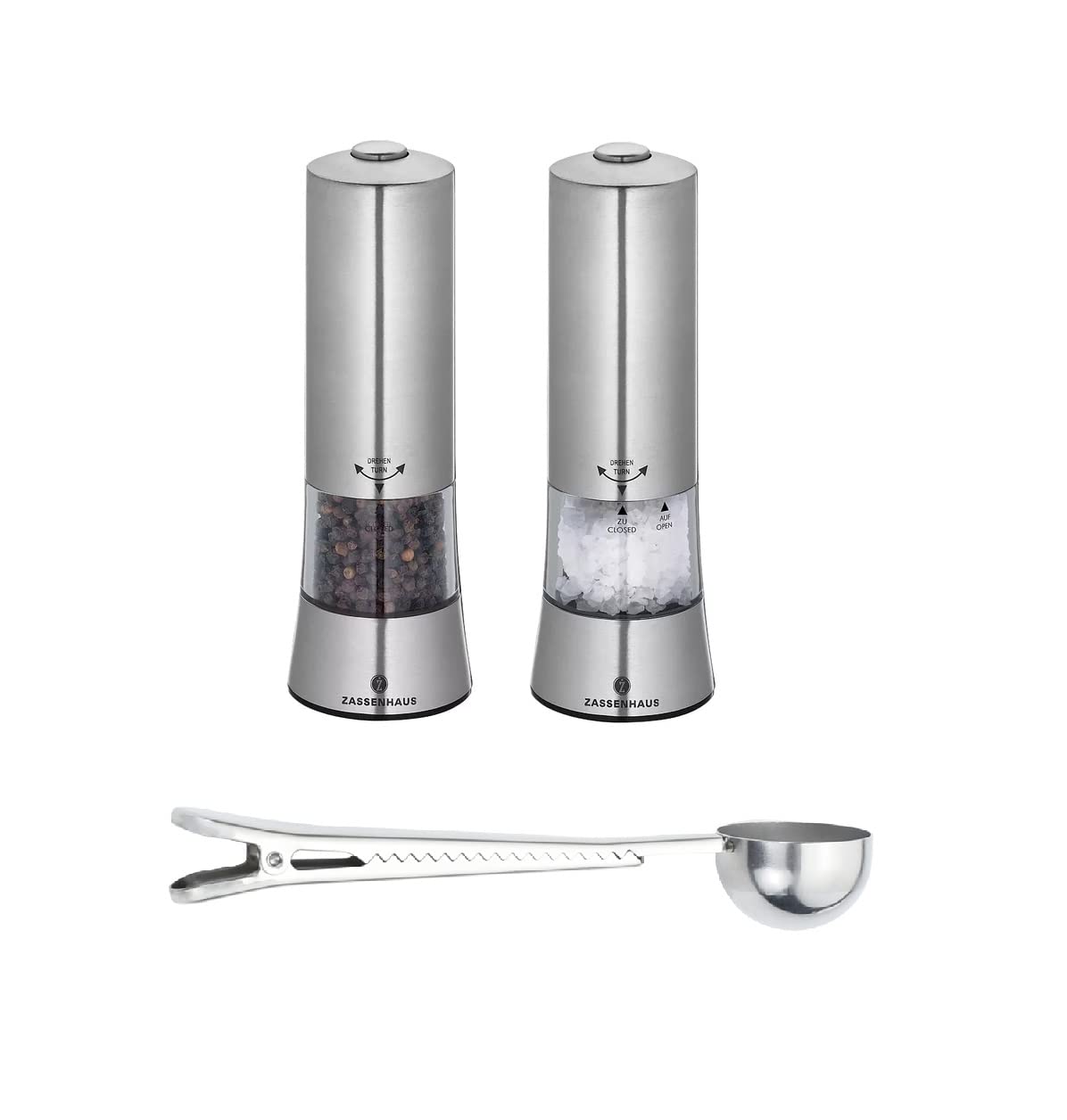 Zassenhaus "Gera" Electric Salt & Pepper Mill Gift Set, Silver - With Stainless Steel Spice Scoop & Clip