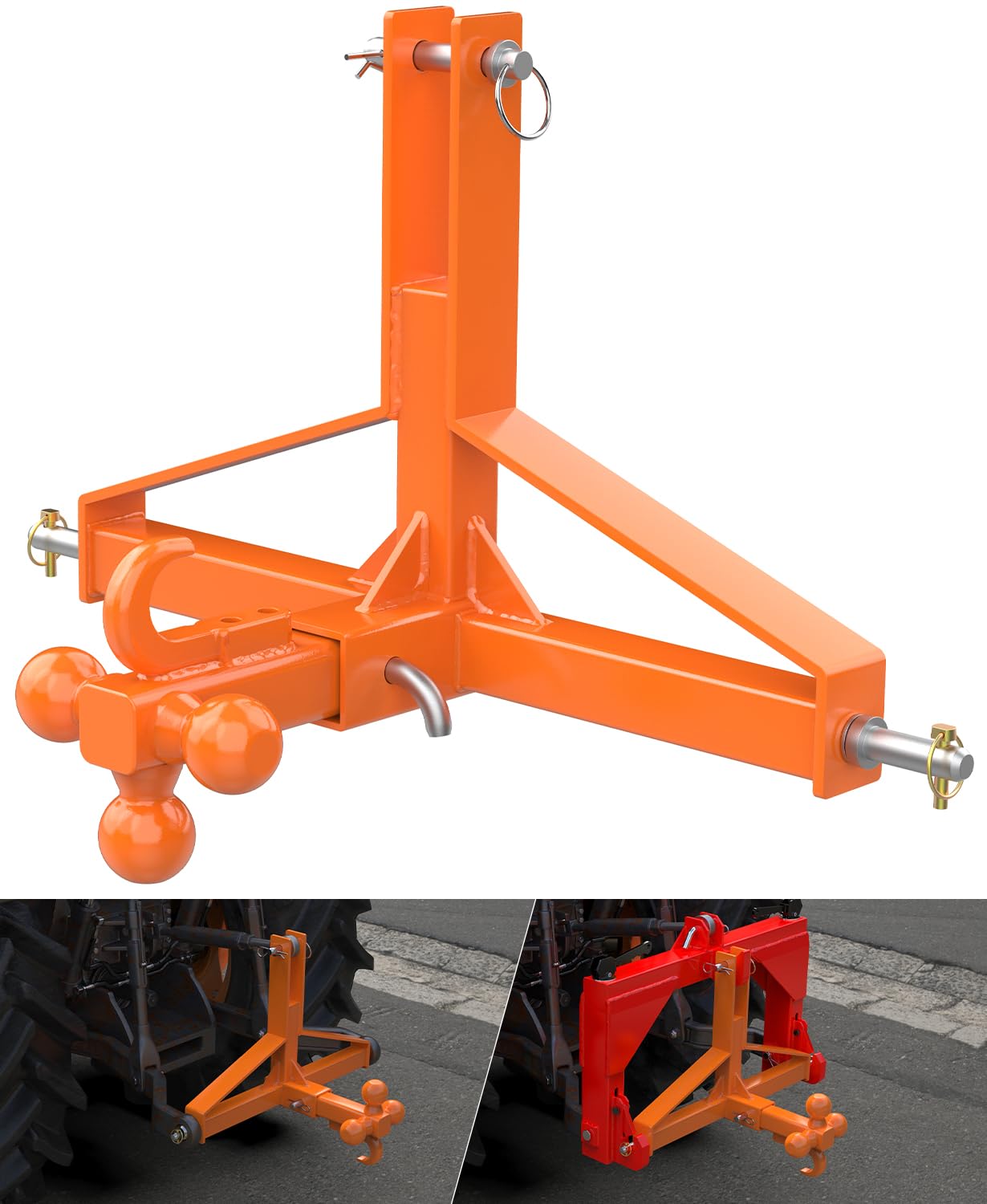 3 Point Quick Hitch 2” Receiver and Ball Hitch with Hook, Bright Orange Tractor 3 Point Trailer Hitch Receiver, 3 Pt Quick Hitch Farm Equipment and Subcompact Trailer Hitch for Tractor Category 1