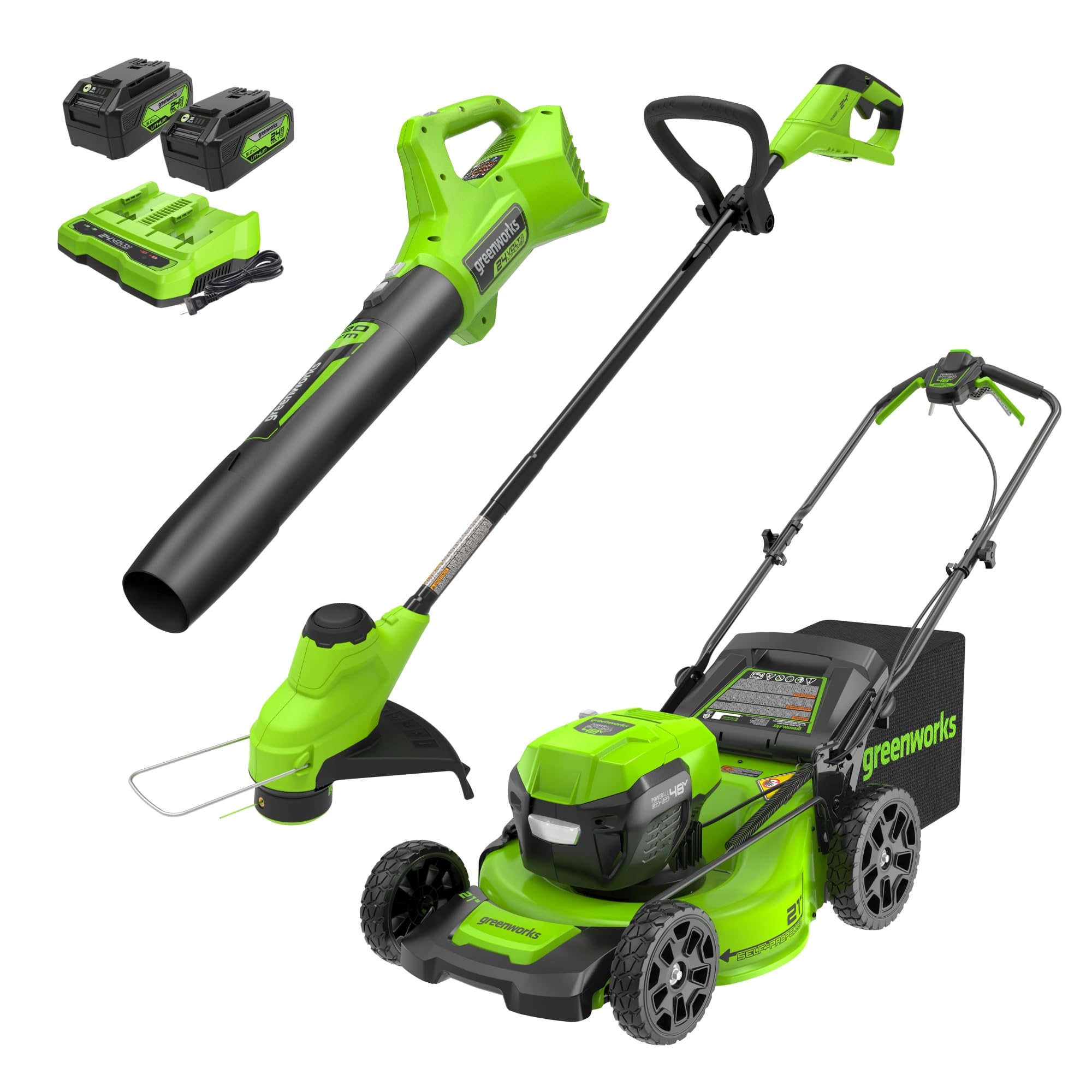 Greenworks 48V (2x24V) 21" Brushless Mower+12" String Trimmer+320CFM Blower,(2) 5.0Ah Batteries and 4A Dual Port Charger