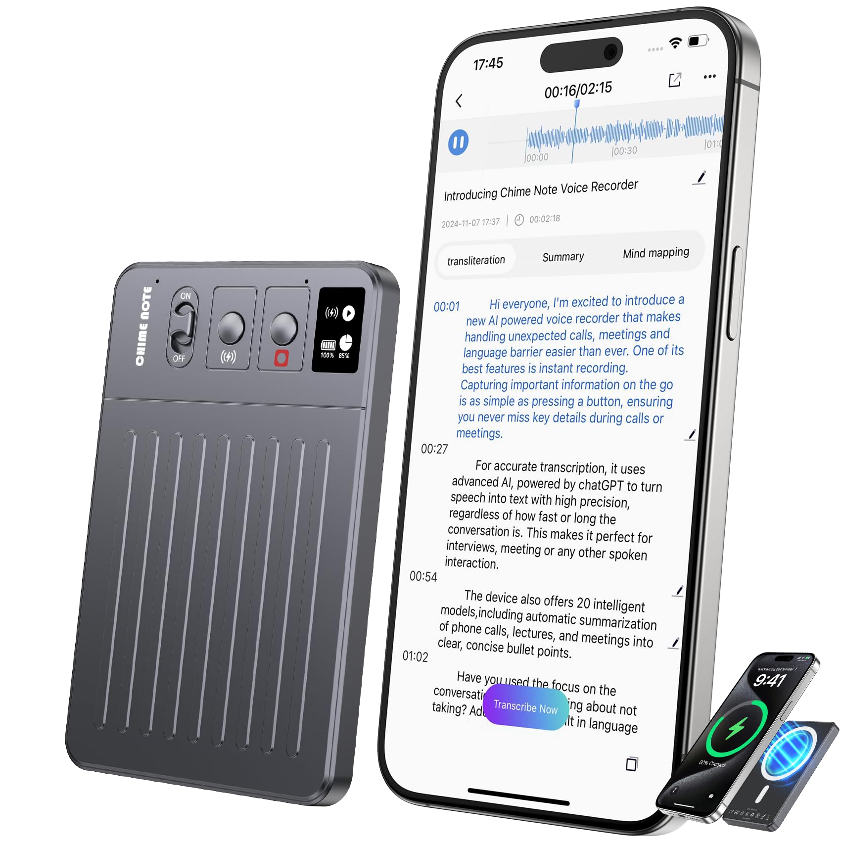 AI Voice Recorder, Audio Recorder, No Fee Transcribe & Summarize with AI Technology, WEB｜APP Control｜Custom Summary｜117 Languages｜Wireless Charging, Voice Activated Recorder for Lectures/Meetings-Grey