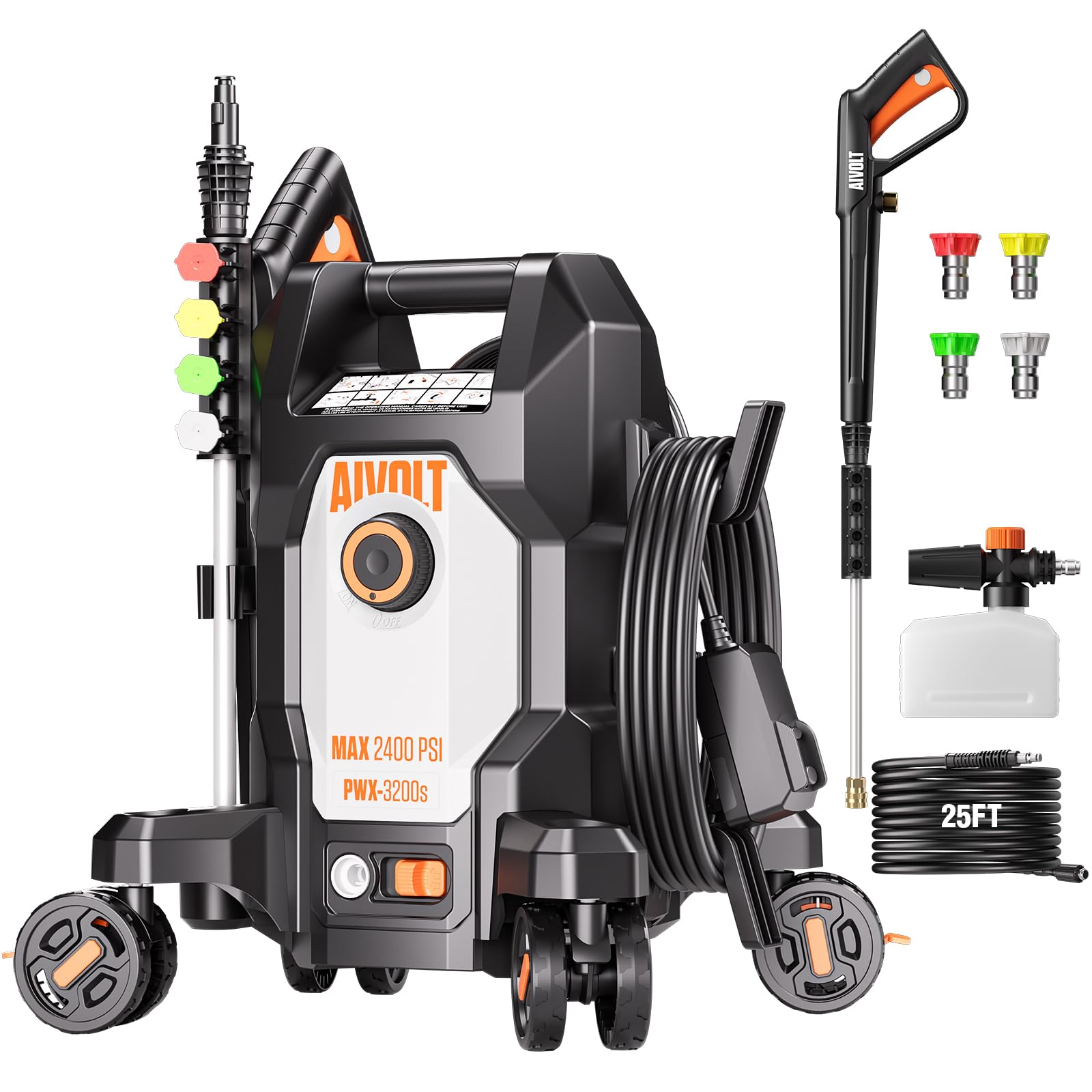 AIVOLT Electric Pressure Washer - 2400PSI 1.76 GPM Power Washer with Anti-Tipping Design, Swivels 360° Wheels, 4 Nozzles, Soap Cannon, High Pressure Water Cleaning Machine for House, Car, Garden