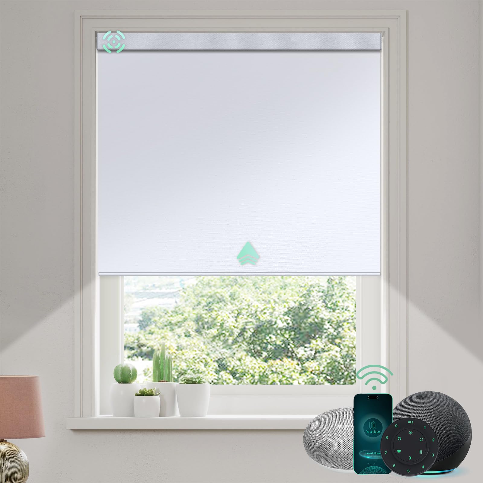 Yoolax Motorized Blinds with Remote, Smart Blinds for Windows Blackout Automatic Shades Work with Alexa Remote Control Roller Window Shades with Valance, Custom Size (Fabric-White)