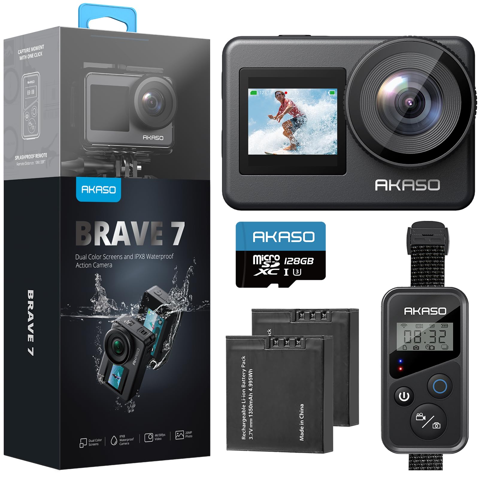AKASO Brave 7 Action Camera 4K30FPS 20MP with 128GB U3 MicroSDXC Memory Card, Waterproof Camera with Touch Screen IPX8 33FT EIS 2.0 Zoom Support External Mic Voice Control with 2X 1350mAh Batteries