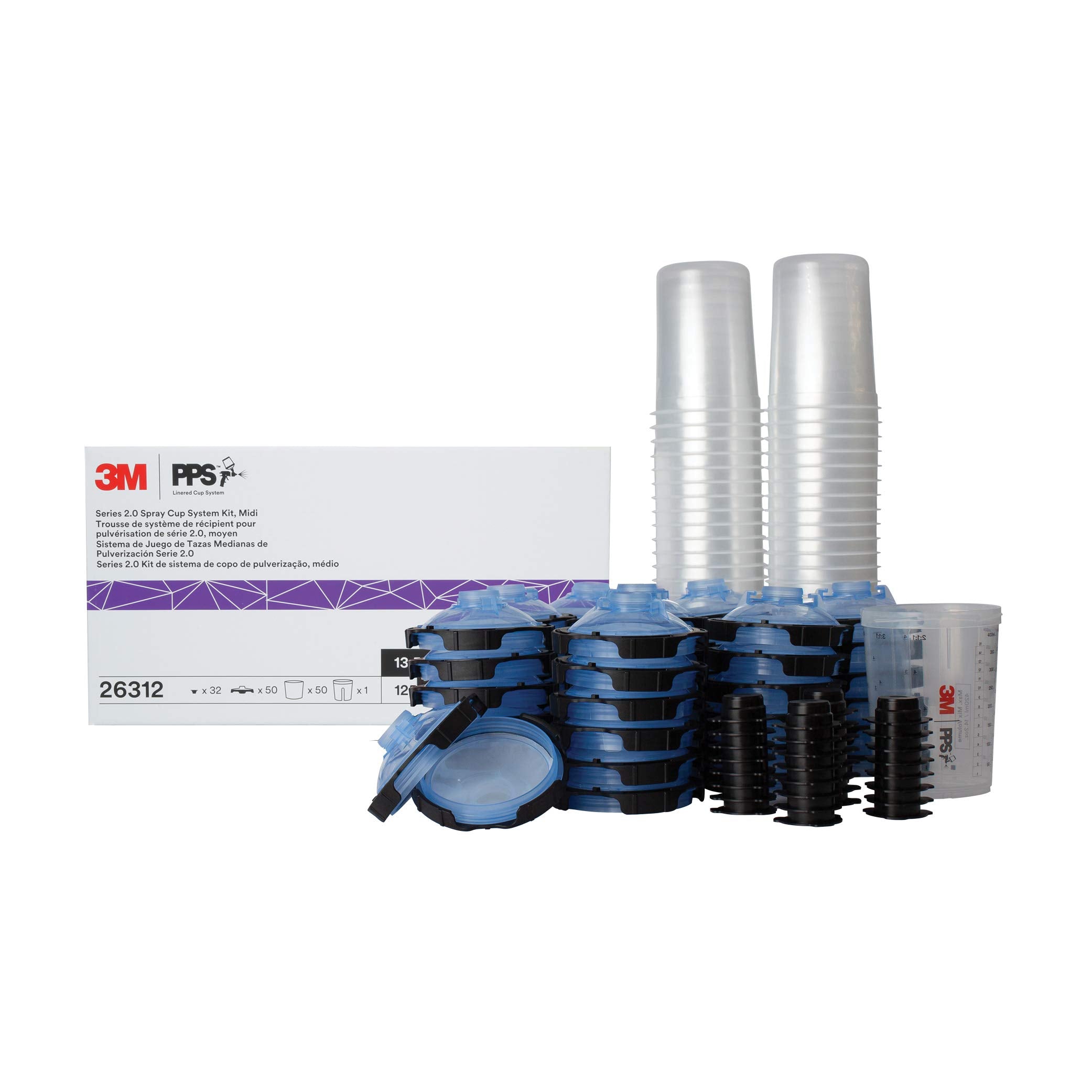 3M PPS 2.0 Spray Gun Cup, Lids and Liners Kit, 26312, Midi, 13.5 Ounces, 125-Micron Filter, Use for Cars, Furniture, House and More, 1 Paint Cup, 50 Disposable Lids and Liners, 32 Sealing Plugs